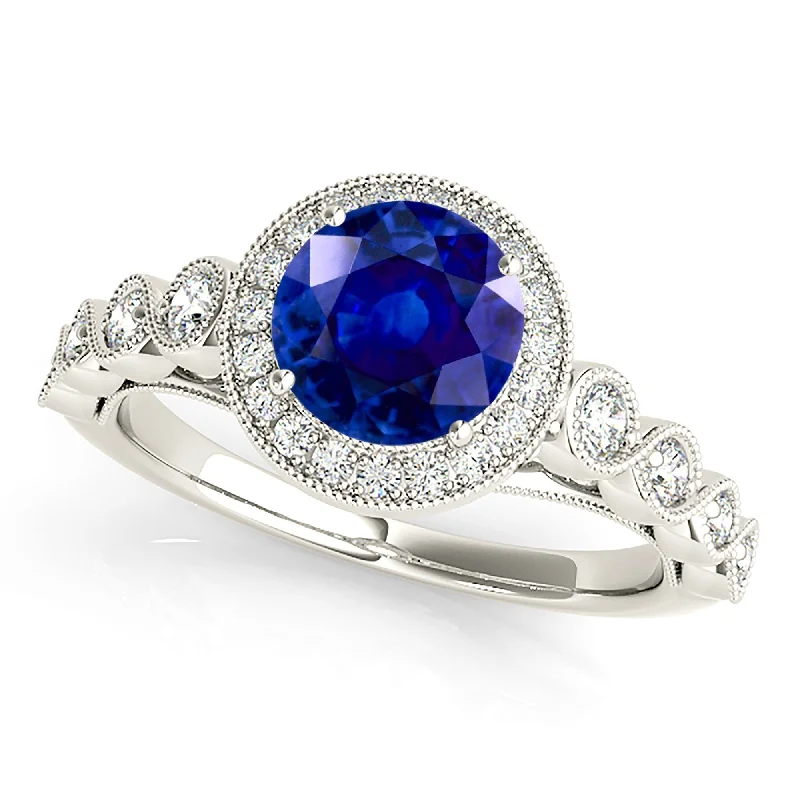 rose gold rings for women-1.35 ct. Genuine Blue Sapphire Ring Milgrain Halo Style