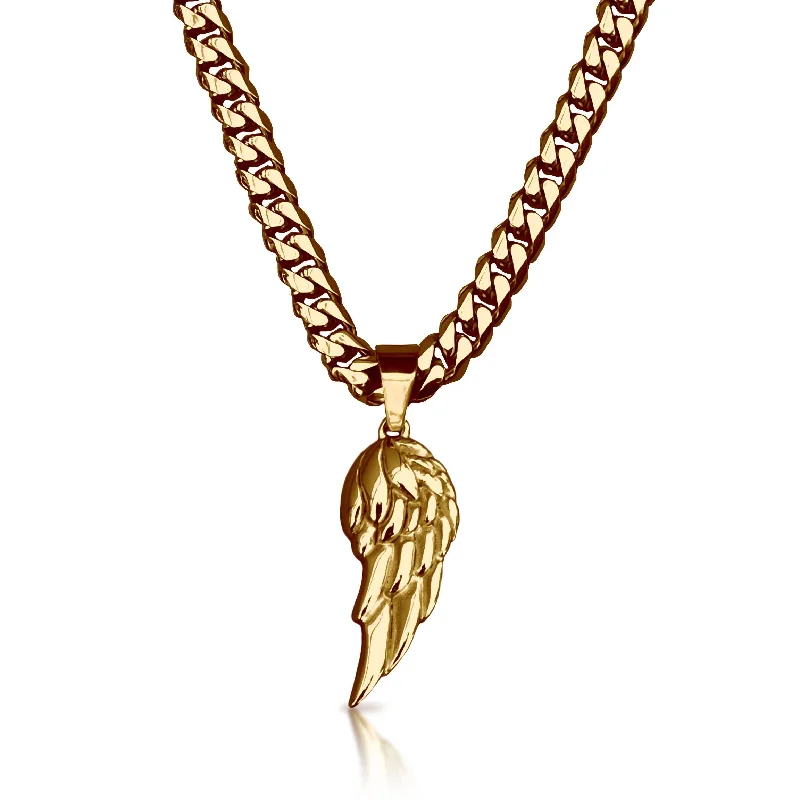 wedding day necklaces for women-Pro Wing Pendant With 6mm Cuban Link Chain Necklace - 14K Gold Plated Stainless Steel