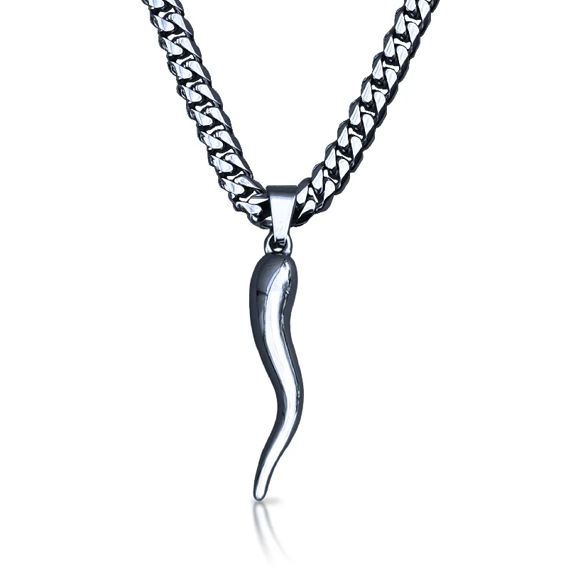 romantic necklaces for women-Pro Italian Horn Pendant With 6mm Cuban Link Chain Necklace - Stainless Steel