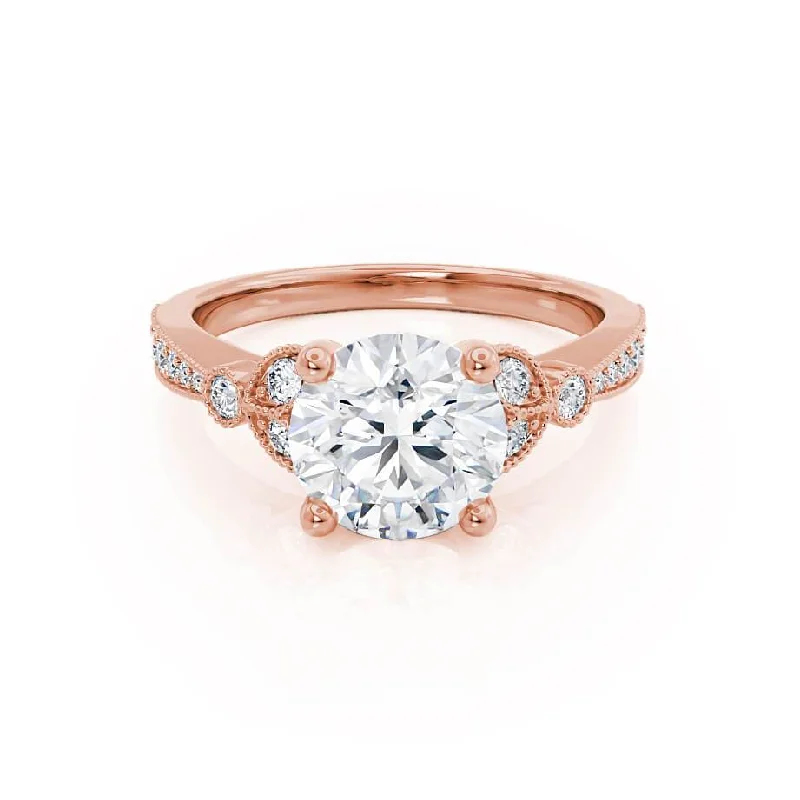 custom-designed engagement rings for women-LILIANA - Round Moissanite & Diamond 18k Rose Gold Shoulder Set Ring