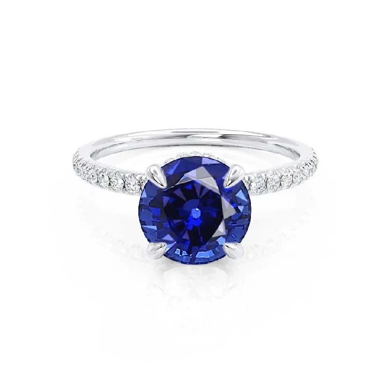 radiant-cut engagement rings for women-LIVELY - Chatham® Round Blue Sapphire 18k White Gold Petite Hidden Halo Pavé Shoulder Set Ring