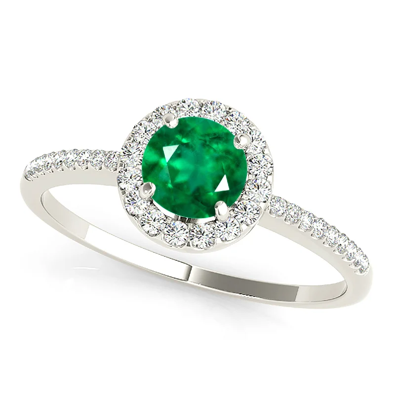 trendy stackable rings for women-1.15 ct. Genuine Emerald Ring with Halo And Delicate Diamond band