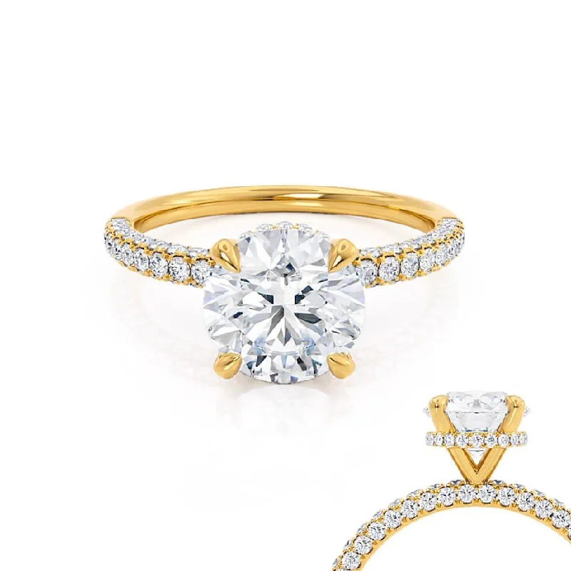 timeless engagement rings for women-COCO- Round Lab Diamond 18k Yellow Gold Petite Hidden Halo Triple Pavé Shoulder Set Ring