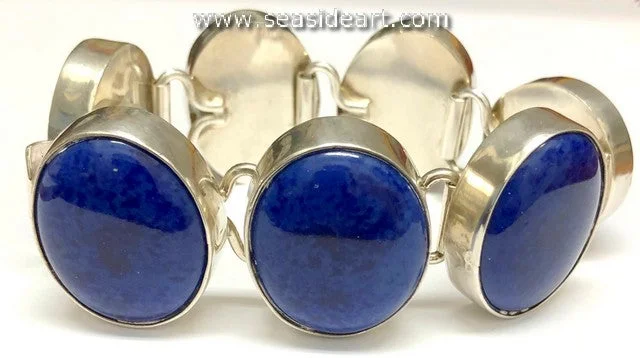 adjustable gold bangles for women-Vintage Sterling Silver Link Bracelet with Lapis Lazuli Cabochons-Mexico