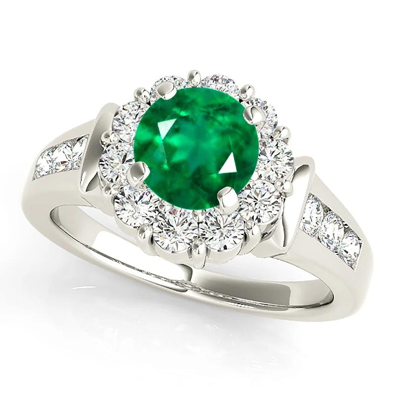 diamond-studded rings for women-1.15 ct. Genuine Emerald Ring With Floral Halo, Solid Diamond Band