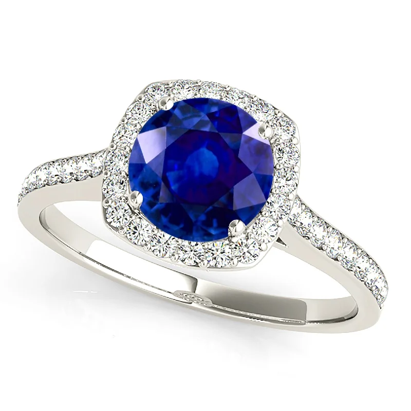 luxury rings with diamonds for women-1.45 ct. Genuine Blue Sapphire Halo Ring with Side Diamonds