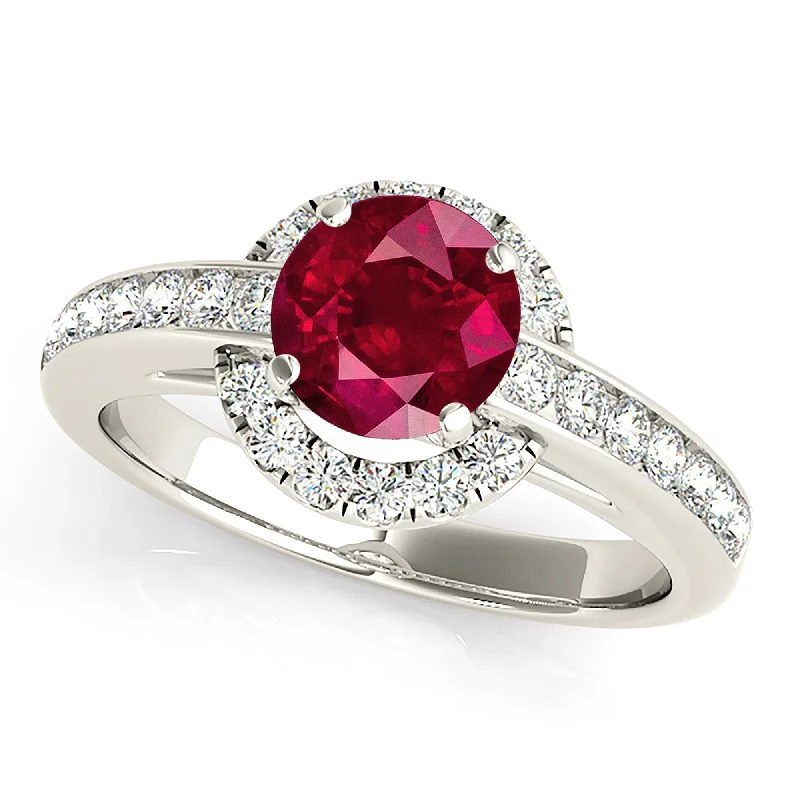 multi-stone rings for women-1.80 ct. Genuine Ruby Ring With Underneath Halo And Thin Diamond Band