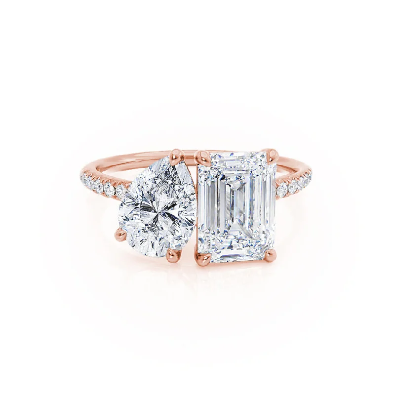 elegant sapphire engagement rings for women-CELESTE - Toi et Moi Lab Diamond Emerald & Pear Diamond Band Ring 18k Rose Gold