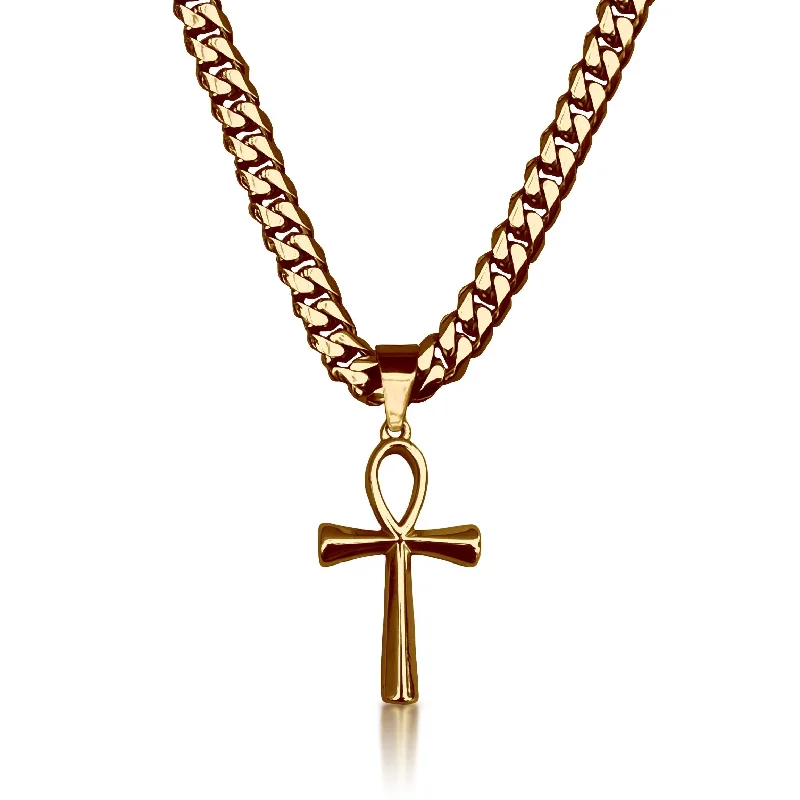 fancy necklaces for women-Pro Ankh Pendant With 6mm Cuban Link Chain Necklace - 14K Gold Plated Stainless Steel