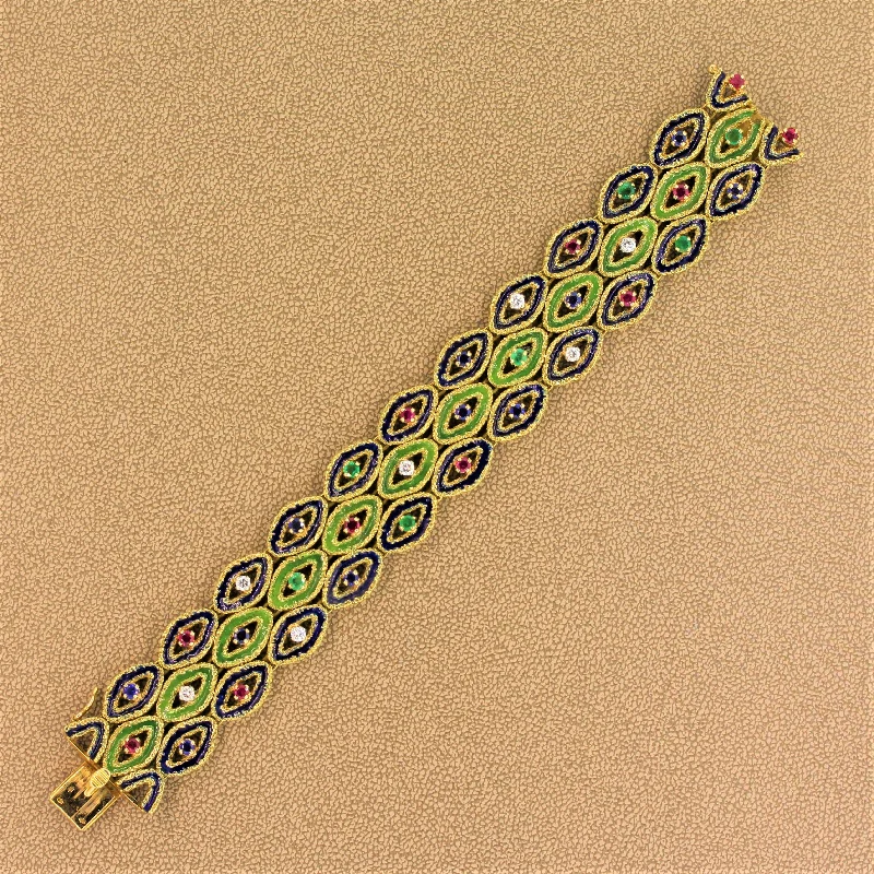 adjustable gemstone bangles for women-French Sapphire Ruby Emerald Diamond Enamel Gold Bracelet