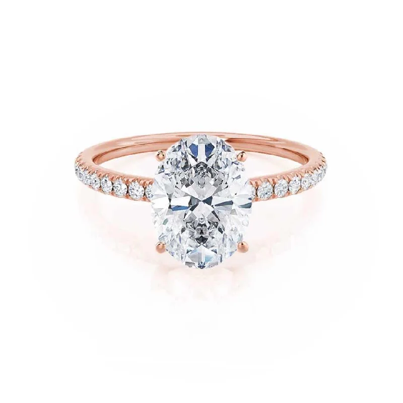 cushion engagement rings for women-MACY - Oval Moissanite & Diamond 18k Rose Gold Petite Pavé Ring