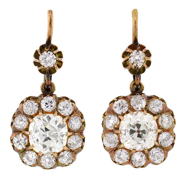 adjustable earrings for women-Victorian 18kt Yellow Gold Diamond Cluster Earrings 3.40ctw