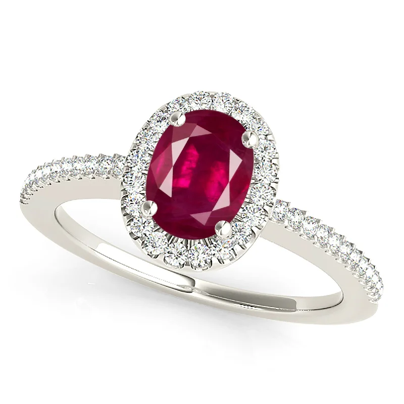 trendy rings for women-1.00 ct. Genuine Oval Ruby Ring With Halo And Delicate Diamond Band