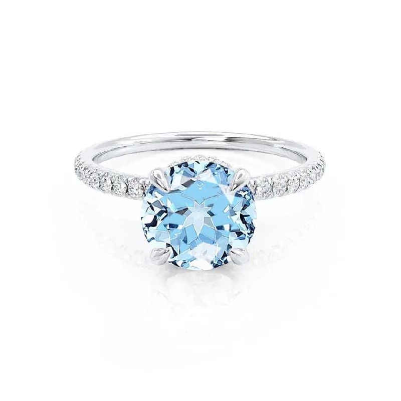 wedding engagement rings for women-LIVELY - Chatham® Round Aqua Spinal 18k White Gold Petite Hidden Halo Pavé Shoulder Set Ring