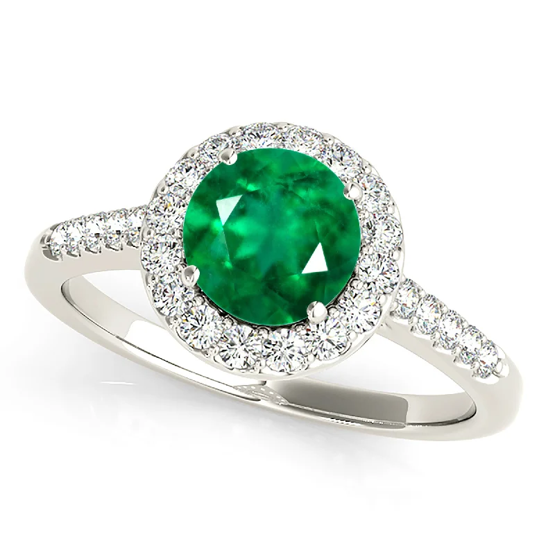 eternity bands for women-1.15 ct. Genuine Emerald Ring With Halo And Thin Diamond Band