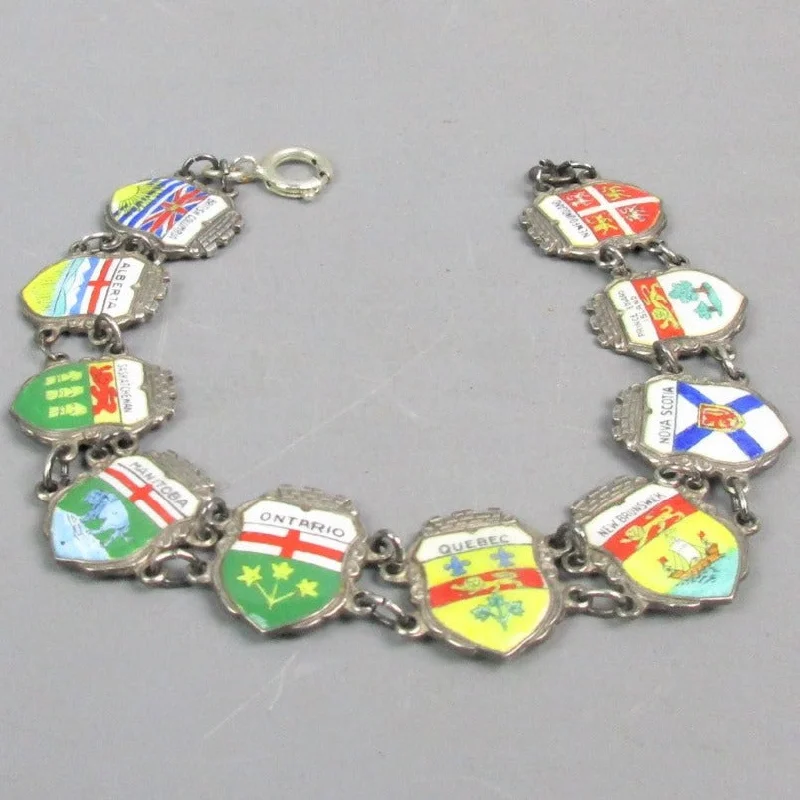 fashion-forward bangles for women-Sterling Silver & Enamel Canadian Provinces Travel Shield Charm Bracelet Vintage c1970