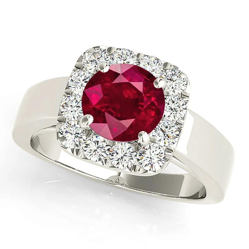 high-end rings for women-2.35 ct. Genuine Ruby Ring With Cushion Halo and Solid Gold Solitaire Band