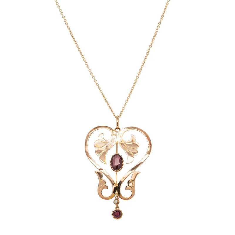 ruby pendant necklaces for women-Vintage 9ct Rose Gold Garnet & Seed Pearl Pendant