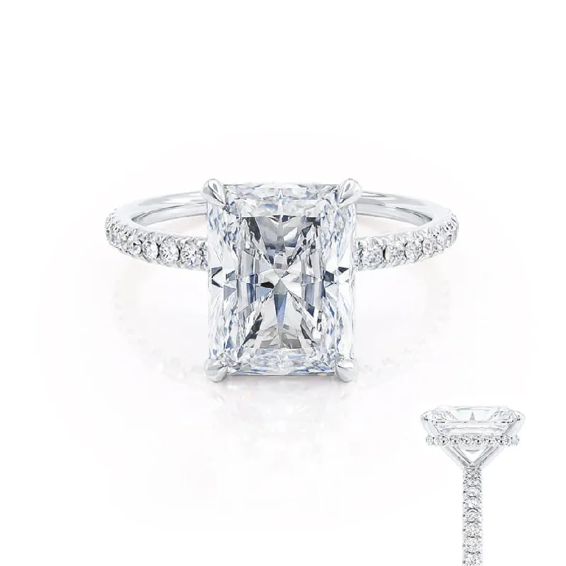 cushion engagement rings for women-LIVELY - Radiant Moissanite & Diamond Platinum Petite Hidden Halo Pavé Shoulder Set Ring