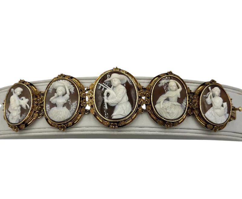 romantic charm bangles for women-1890s Victorian Five Sardonyx Shell Cameo Gold Bracelet