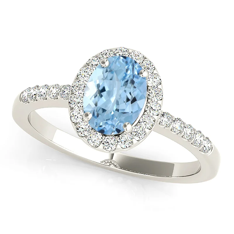 luxury rings for women-1.30 ct. Genuine Oval Aquamarine Ring With Halo and Dainty Diamond Band