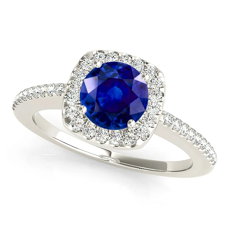 sapphire engagement rings for women-1.45 ct. Genuine Blue Sapphire Halo Ring with Side Diamonds