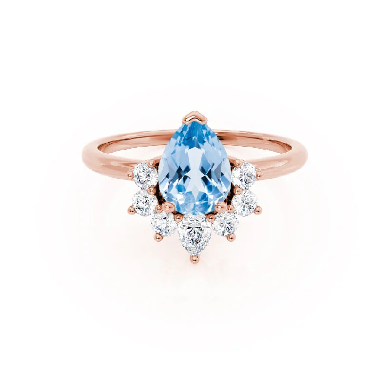 affordable engagement rings for women-BALLET - Chatham® Pear Aqua Spinel & Diamond Half Halo Tiara Ring 18k Rose Gold