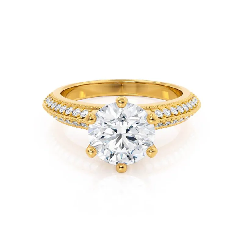 emerald solitaire engagement rings for women-VICTORIA - Round Lab Diamond 18k Yellow Gold Shoulder Set Ring