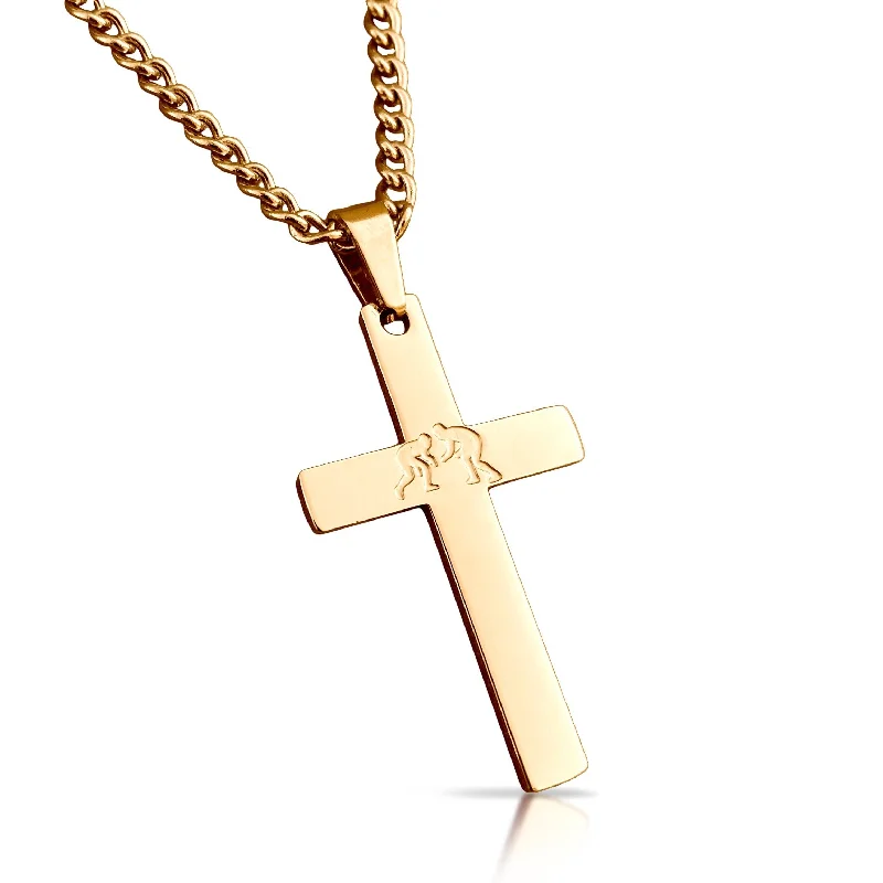 luxury diamond necklaces for women-Wrestling Cross Pendant With Chain Necklace - 14K Gold Plated Stainless Steel