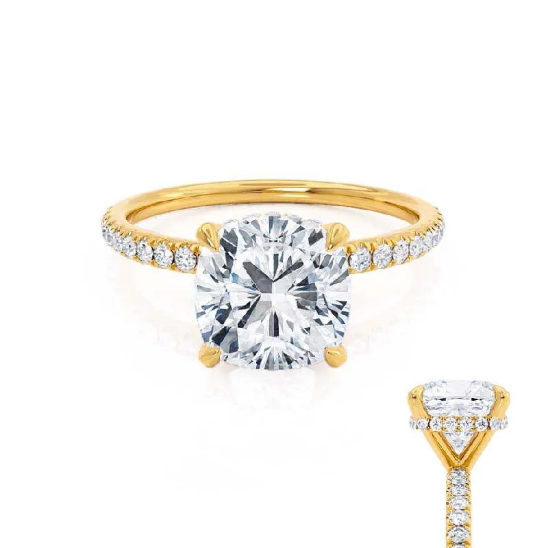 personalized engagement rings for women-LIVELY - Cushion Lab Diamond 18k Yellow Gold Petite Hidden Halo Pavé Shoulder Set