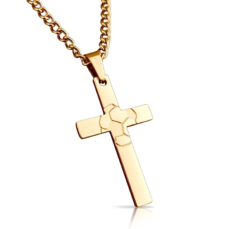 fancy chain necklaces for women-Soccer Cross Pendant With Chain Necklace - 14K Gold Plated Stainless Steel