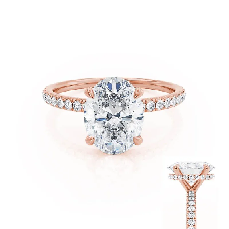 cushion-cut engagement rings for women-LIVELY - Oval natural Diamond 18k Rose Gold Petite Hidden Halo Pavé Shoulder Set