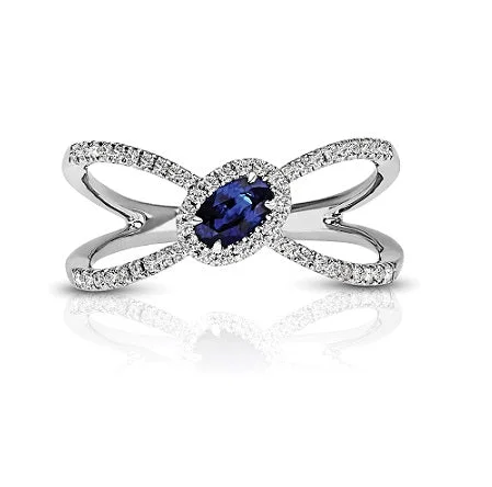 romantic rings for women-Halo Split Shank 0.40 ct. Natural Blue Sapphire Ring