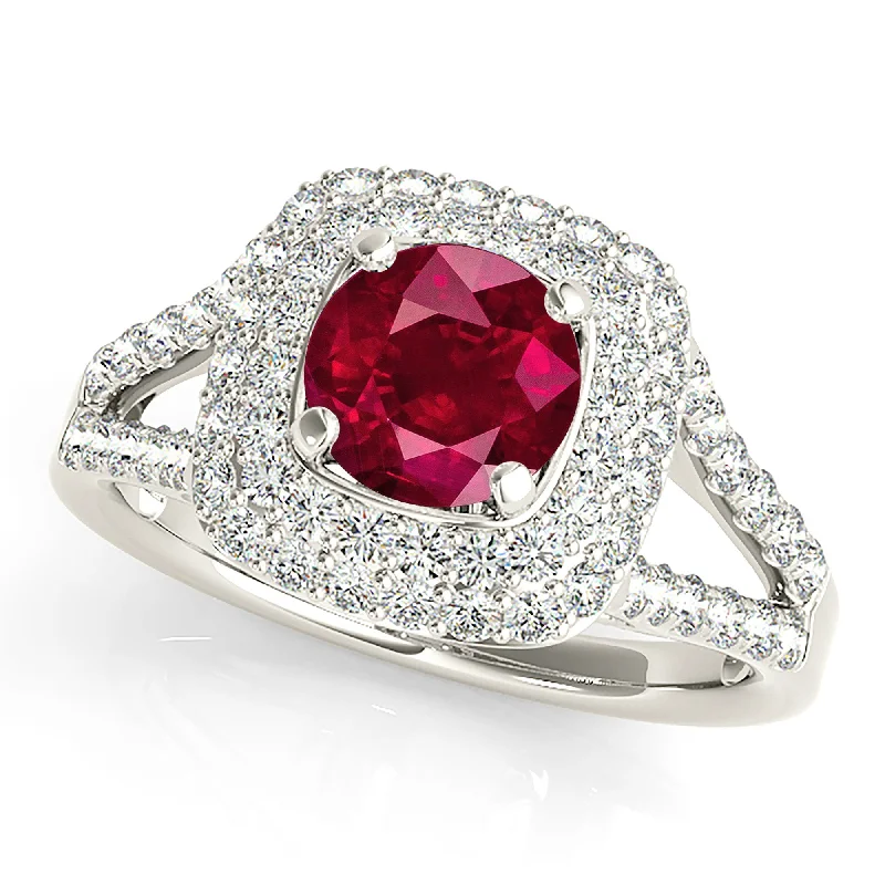 large diamond rings for women-1.35 ct. Genuine Ruby Ring with Double Row Halo And Split V Diamond Shank