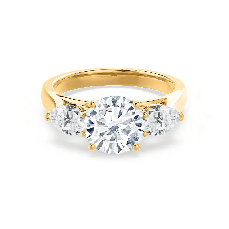 simple solitaire engagement rings for women-BLOSSOM - Round Lab Diamond & Pear Lab Diamond 18k Yellow Gold Trilogy Ring