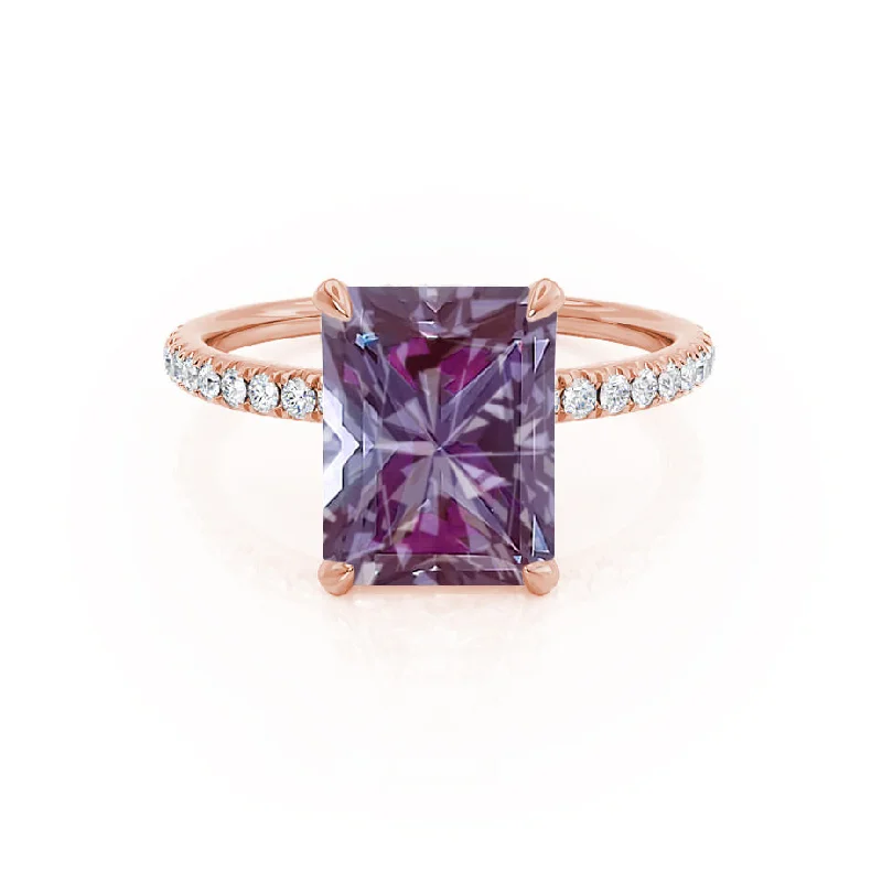 customized diamond engagement rings for women-LIVELY - Chatham® Radiant Alexandrite & Diamond 18k Rose Gold Petite Hidden Halo Pavé Shoulder Set Ring