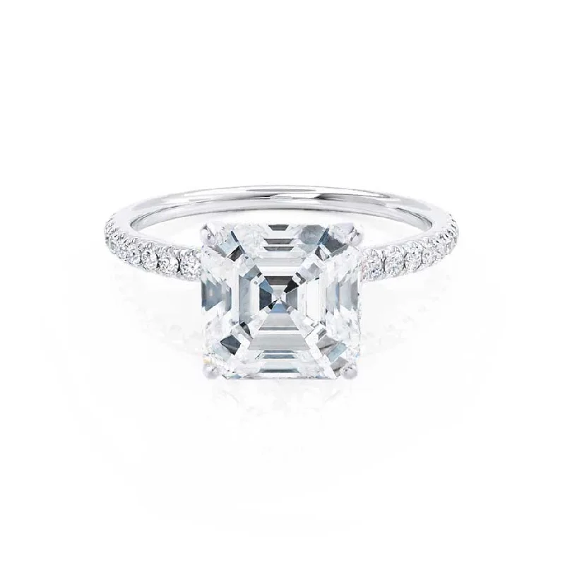 diamond-studded engagement rings for women-MACY -  Asscher Moissanite & Diamond 950 Platinum Petite Pavé Shoulder Set Ring