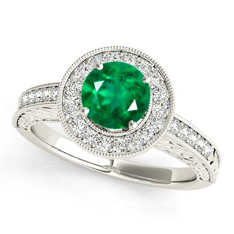 chic rings for women-1.70 ct. Genuine Emerald Ring With Halo and Filigree Milgrain Diamond Band