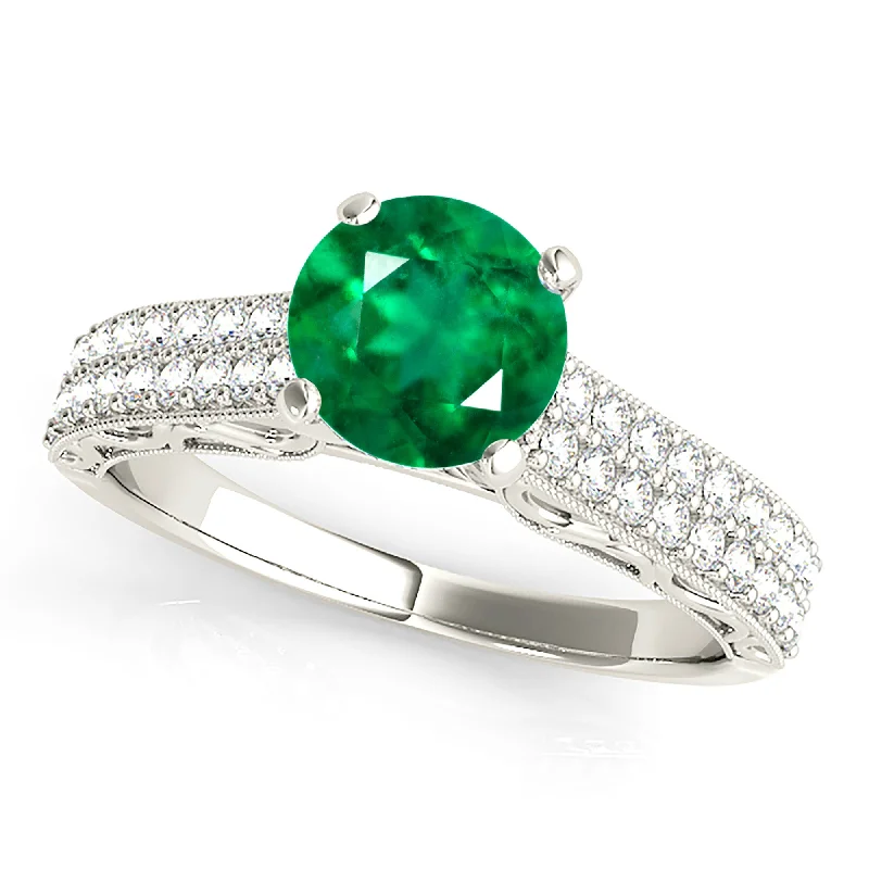 unique wedding rings for women-1.15 ct. Genuine Solitaire Emerald Ring With Double Row Diamond Band