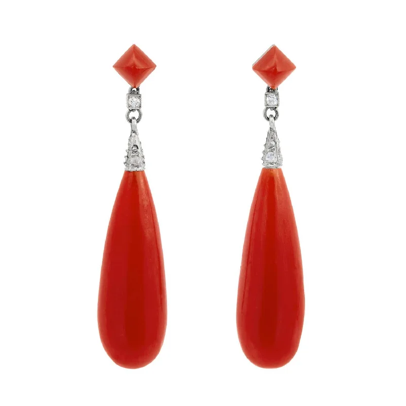 matching earrings and necklace sets-Art Deco Platinum and 18k Oxblood Coral and Diamond Drop Earring