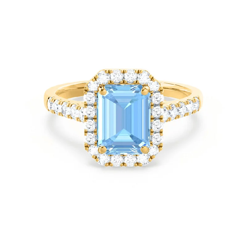 diamond halo engagement rings for women-ESME - Chatham® Emerald Lab-Grown Aqua Spinel & Diamond 18k Yellow Gold Halo