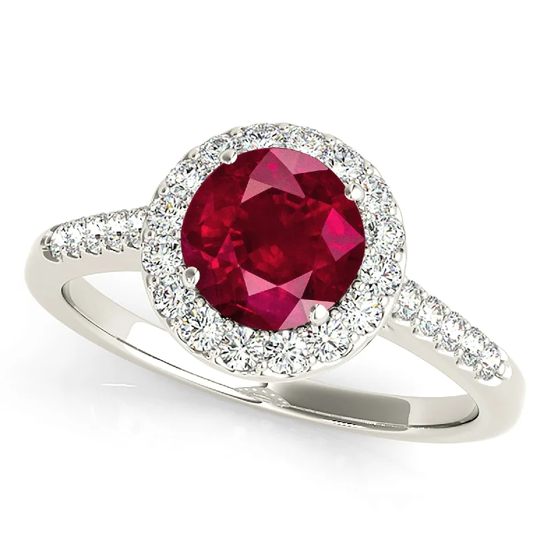 stackable rings for women-1.35 ct. Genuine Ruby Ring With Halo And Delicate Diamond band