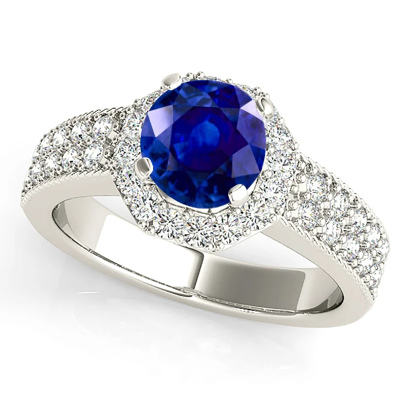 ruby rings for women-1.35 ct. Genuine Blue Sapphire Halo Ring with Two Row Side Diamonds