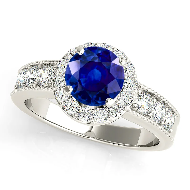 sapphire rings for women-1.35 ct. Genuine Blue Sapphire Halo Ring With Milgrain Side Diamonds