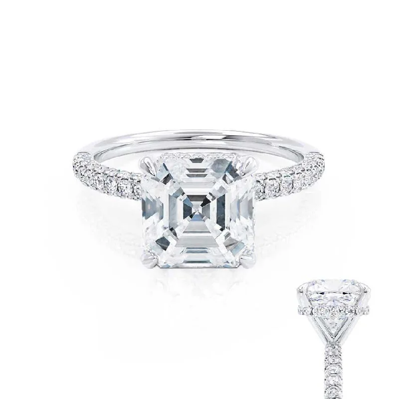 romantic engagement rings with diamonds for women-COCO - Asscher Moissanite & Diamond Platinum Hidden Halo Triple Pavé Shoulder Set