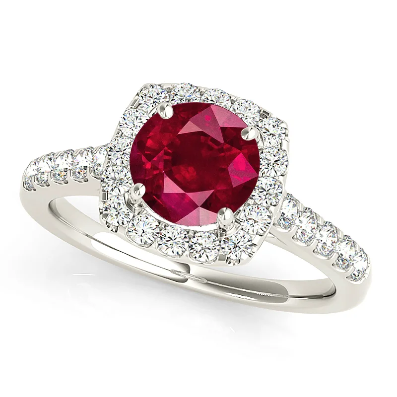 artistic rings for women-1.80 ct. Genuine Ruby Ring With Cushion Halo And Delicate Diamond Band