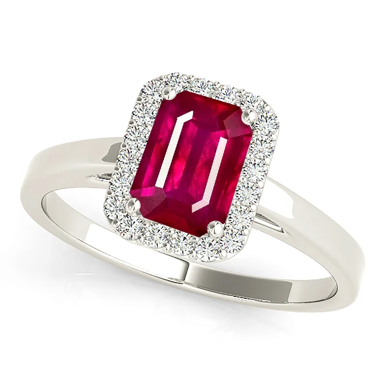 luxury gemstone rings for women-1.20 ct. Genuine Emerald Cut Ruby Ring with Halo And Solid Gold Shank