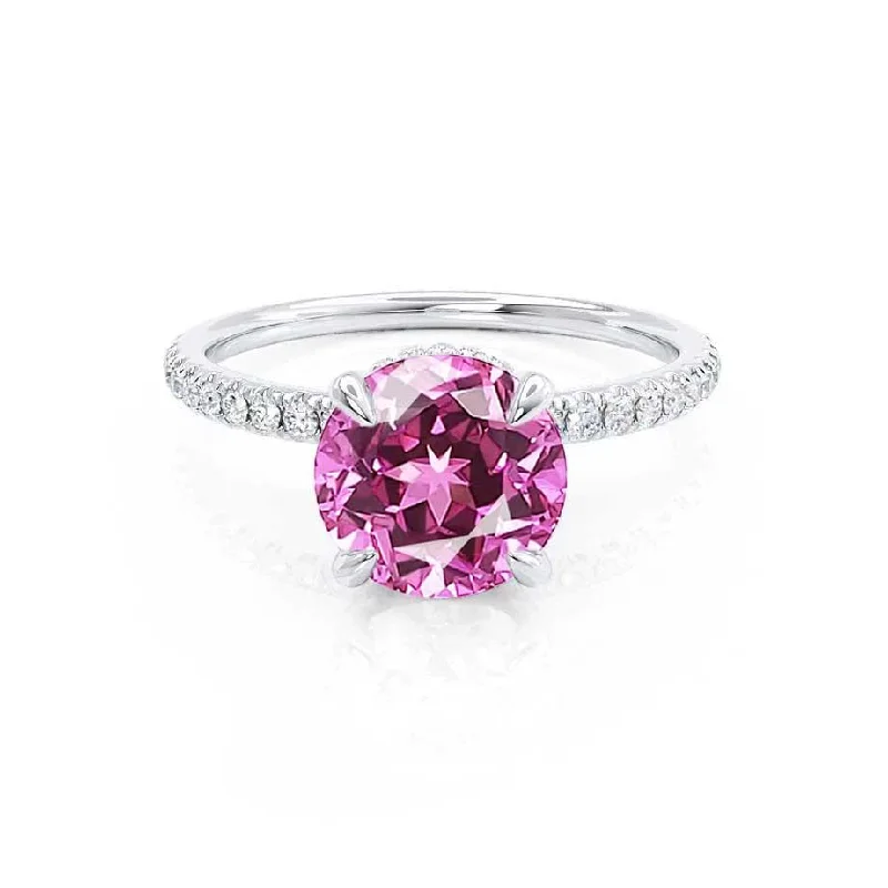 stackable engagement rings for women-LIVELY - Chatham® Round Pink Sapphire 18k White Gold Petite Hidden Halo Pavé Shoulder Set Ring