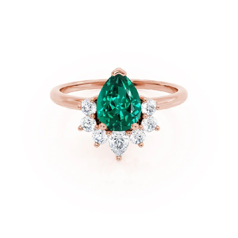 personalized engagement rings for women-BALLET - Chatham® Pear Emerald & Diamond Half Halo Tiara Ring 18k Rose Gold