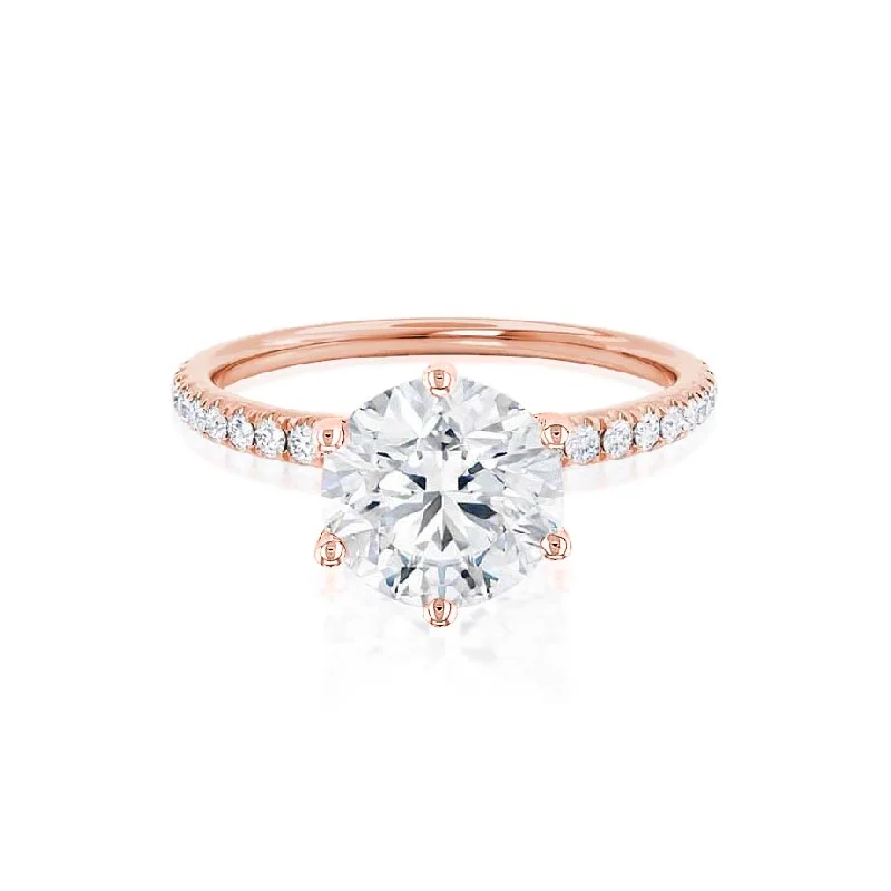 unique ruby engagement rings for women-LILLIE LUXE - Round Moissanite & Diamond 18k Rose Gold Shoulder Set Ring